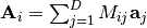 \mathbf{A}_i = \sum_{j=1}^D M_{ij} \mathbf{a}_j
